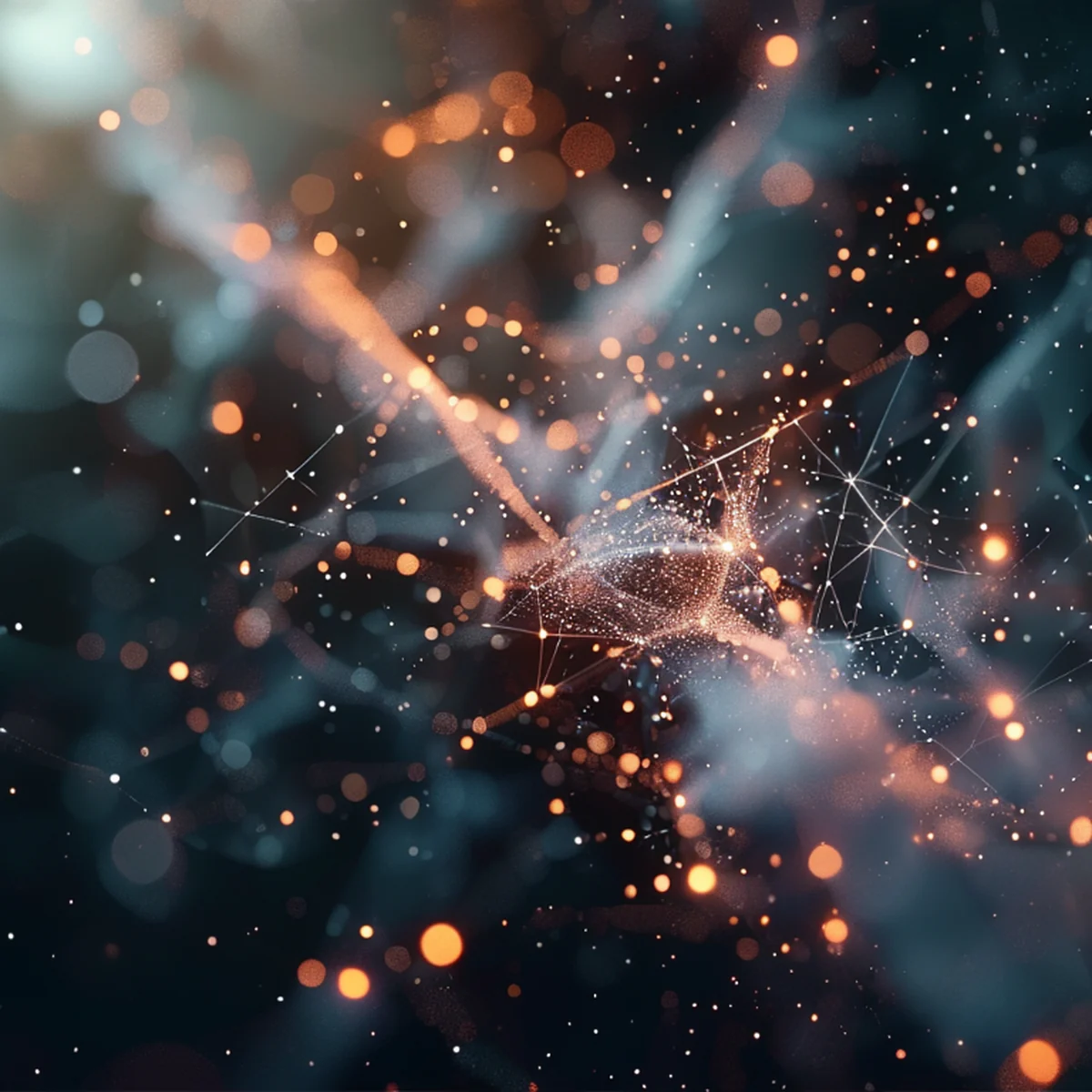 Abstrakte Lichtpartikel, die neuronale Verbindungen und Markenwiedererkennung symbolisieren.