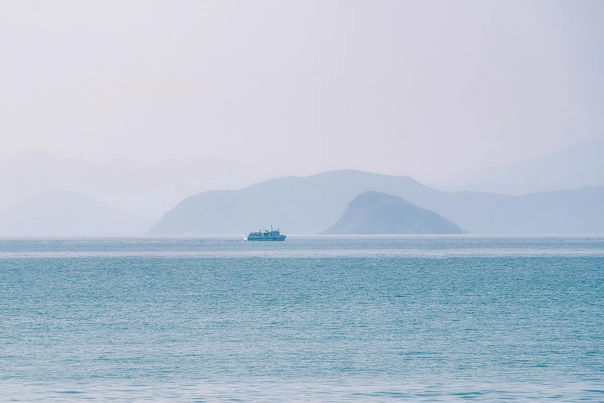 sea, mountain, ocean, scenery, sea view, hazy, fog, nature, mist, minimalist, minimalism, simplicity